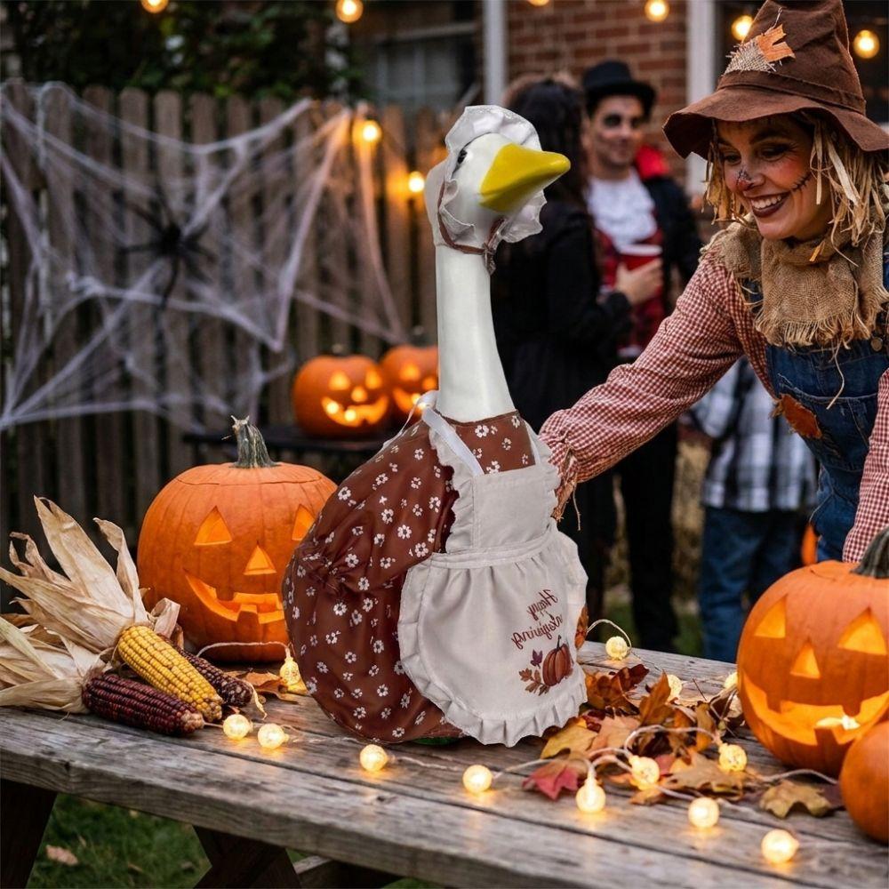 Pumpkin Print Thanksgiving Porch Goose Dress Outfit Goose Apron Suit for 23 Inch Yard Goose