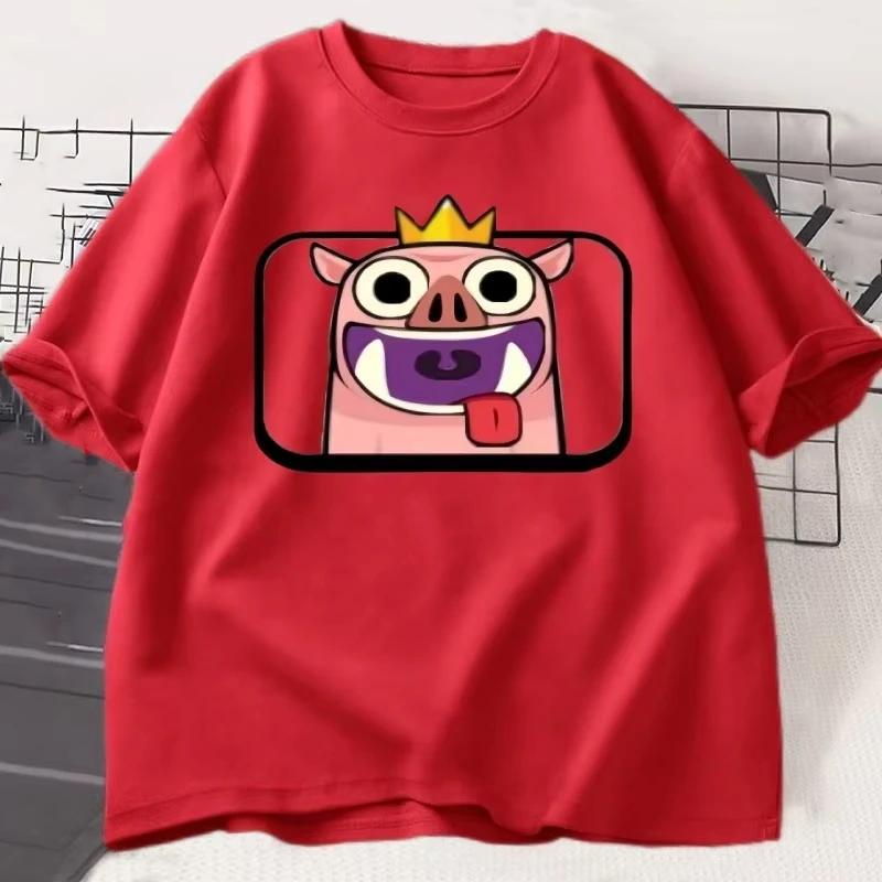 Hog with Crown Emote Clash Royale Graphic T Shirts Casual Round Neck Short Sleeve Tshirt Men Women Cute Breathable Clothes