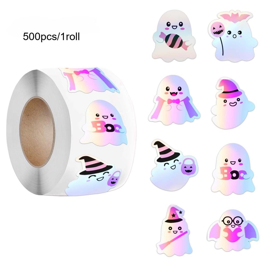 Vibrant Rainbow Colors & Iridescent Sheen Halloween Stickers -  Spooky Designs- Durable Paper Adhesive Labels for Gift Wrapping