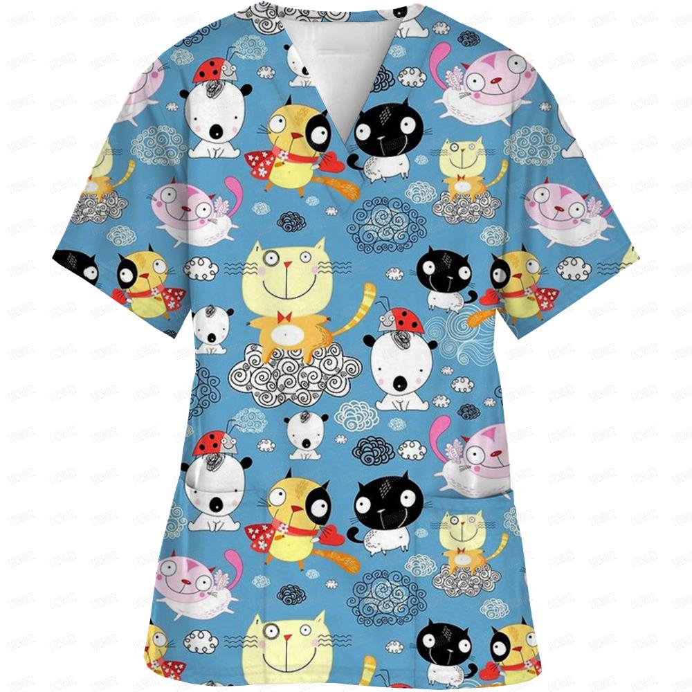 

Женская пасхальная униформа медсестры с рисунком из мультфильмов, короткий рукав, V-образный вырез, рабочая эластичная одежда, медицинские халаты, комбинезоны, униформа для сиделок XS