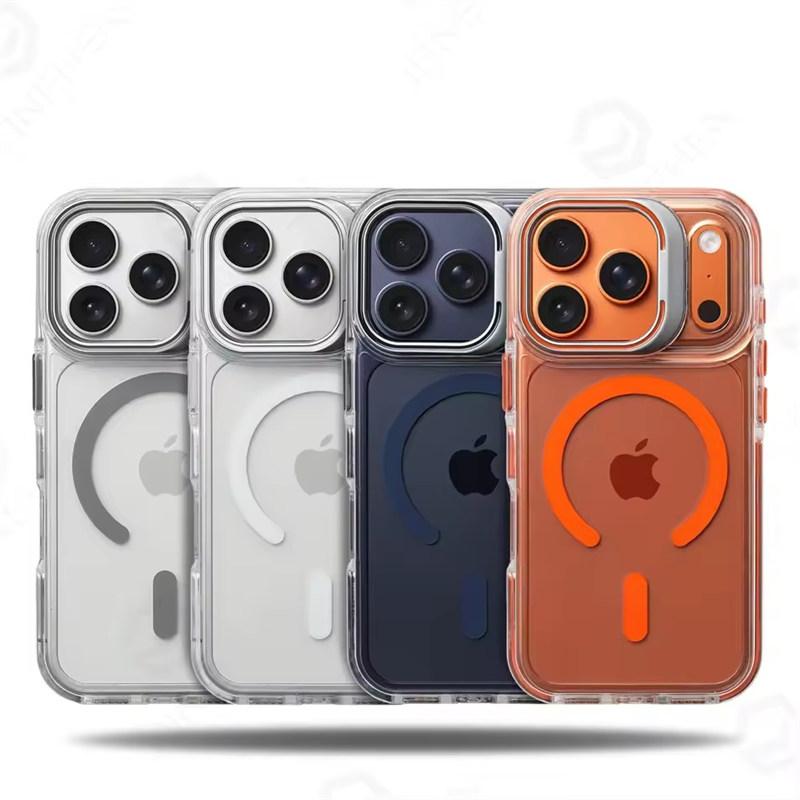 Luxury Magnetic Shockproof Clear Bumper Case for iPhone 17 Pro Max Air 16 15 14 Plus 13 12 For Magsafe Lens Protect Stand Cover