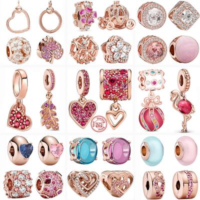 Hot Sale Rose Gold Série Růžové Zirkonové Listy Přívěsek Srdce Třpytivé Clip Korálky Fit Přívěsek Náramek DIY S925 Stříbrné šperky