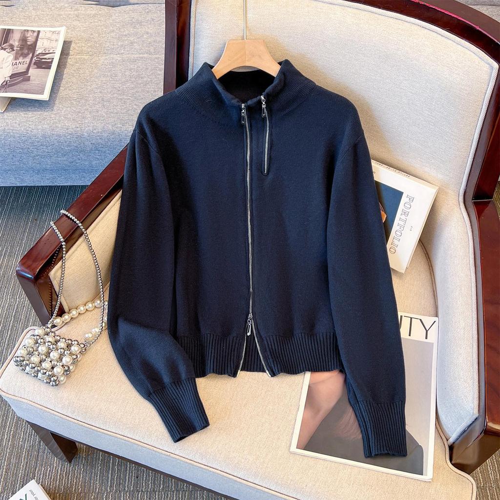 Gray Women's Knitted Sweater, Half-High Collar, Zipper Jacket, 2026 Spring Style - Versatile Base Layer or Outerwear