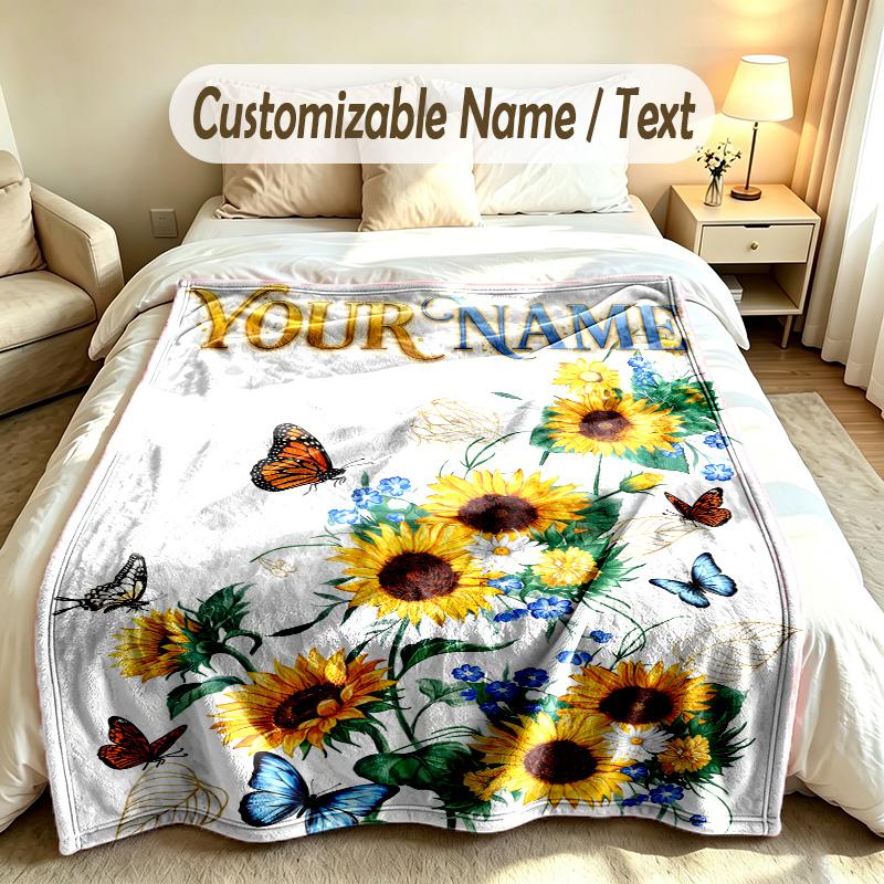 Butterfly Theme Soft Blanket Personalized Custom Name Text Print Warm Blanket Home Sofa Bedroom Decor