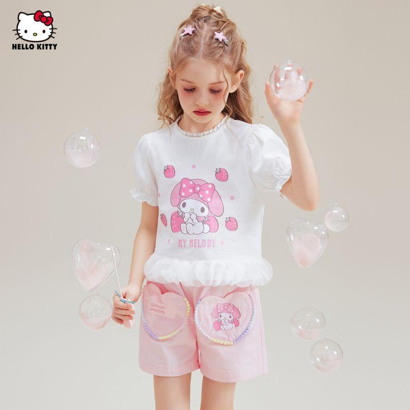 Melody Girls' Summer Outfit Stylish Children's Summer Clothes Girls' Summer Short-Sleeve T-Shirt and Shorts Two-Piece Set Trendy