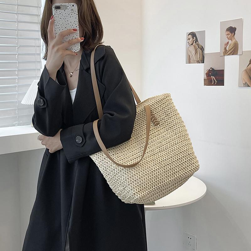 Borsa tote di lusso da donna in cotone e lino, con tracolla a spalla, borsa a mano grande capacità, portatile, per viaggi, spiaggia, vacanze, shopping, D_rosa (piccola