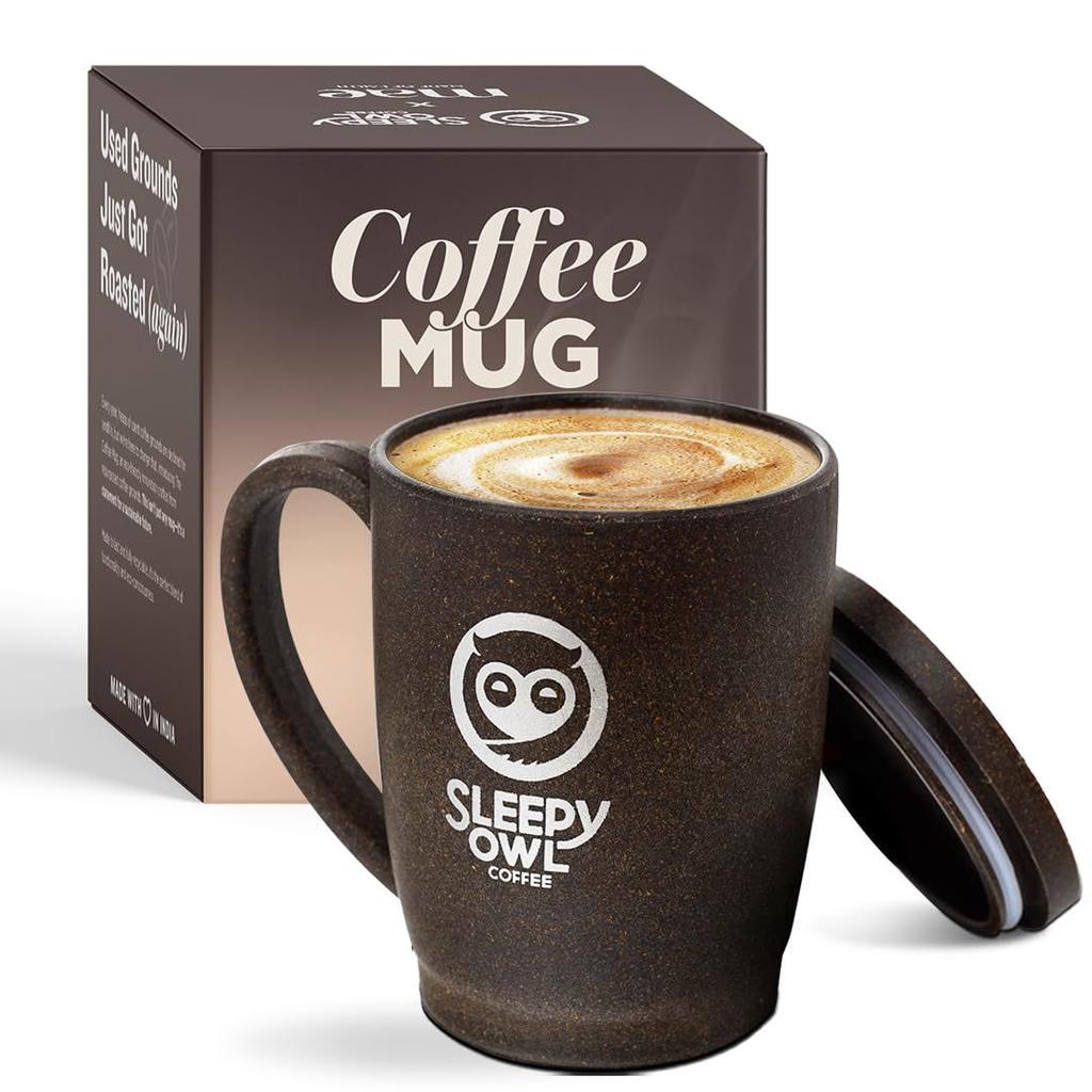 Coffee Mug with Lid | Crafted from Used Coffee Grounds | Eco-Friendly & Sustainable Cup | Microwave Safe | Spill Proof | Travel Friendly | Office