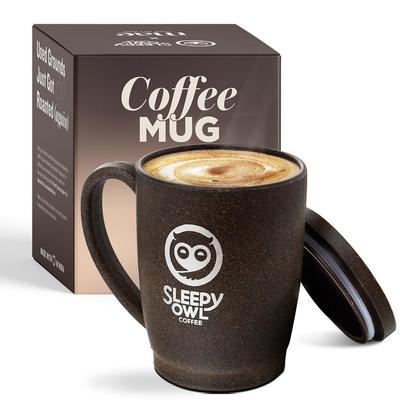 Taza de Café con Tapa | Hecha de Posos de Café Usados | Taza Ecológica y Sostenible | Apta para Microondas | Antiderrames | Ideal para Viajes | Oficina