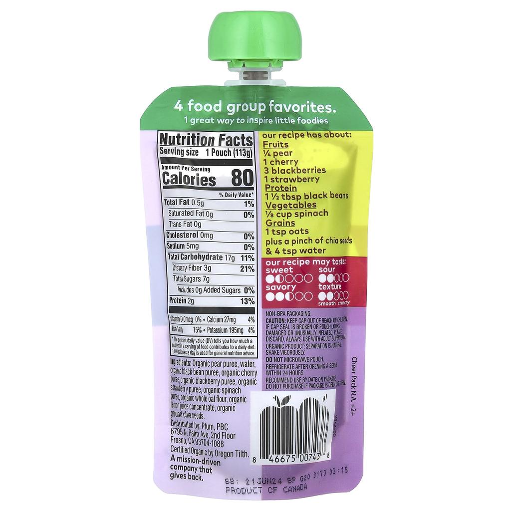 Plum Organics Mighty 4 Food Group Blend, Tots, Pear, Cherry, Blackberry, Strawberry, Black Bean, Spinach, and Oats, 4 Oz (113 G)