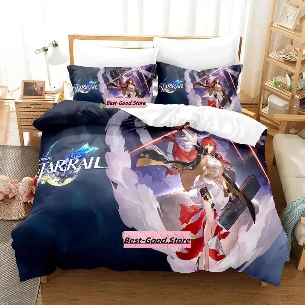 Kawaii Honkai Star Rail Bedding Set Printed Bed Set With Pillowcase Duvet Cover Single Double Queen King Size Adult Kid Bedroom