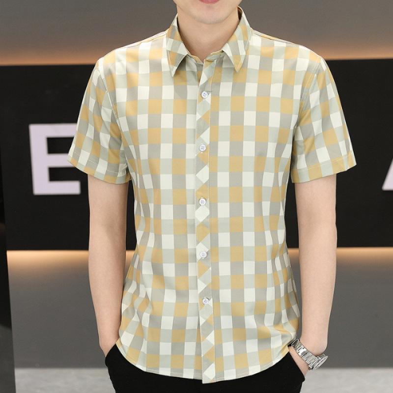 Summer Short-sleeved Shirt Men's Plaid Shirt Workwear Gangster Handsome Men's Ice Silk Casual Inch Shirt Tops