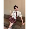 Summer New American Sweetheart Suit College Style Sweet Babes Uniform Waist Shirt Top Red Plaid Skirt