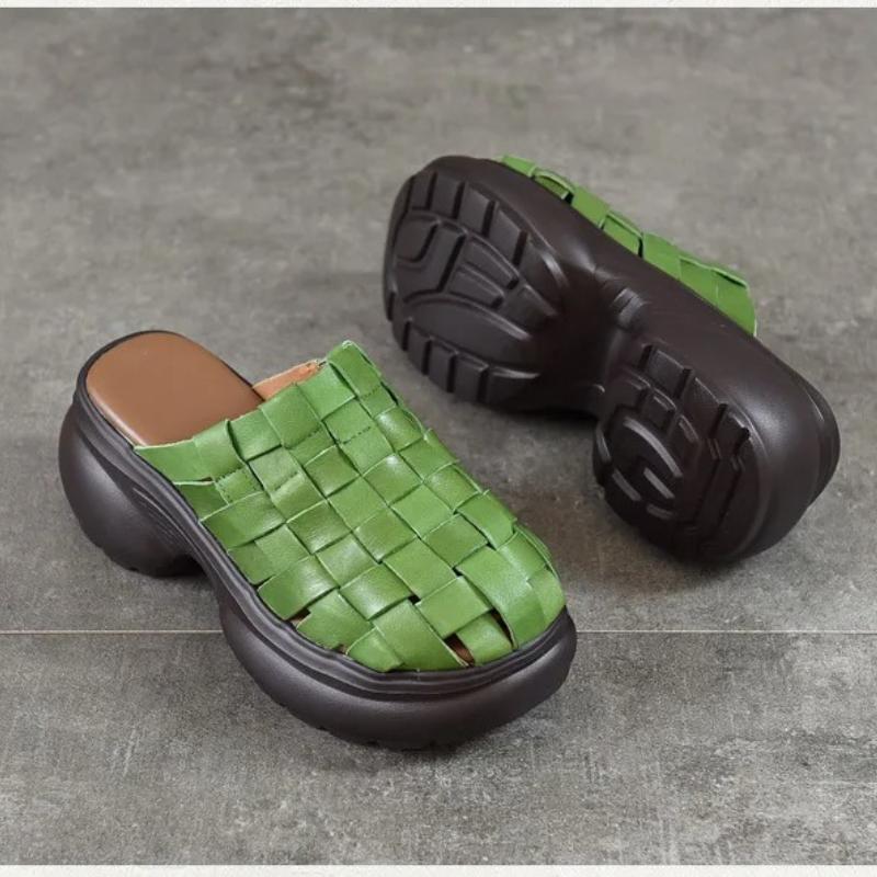 Johnature Echte Leder Gewebte Runde Zehen Hausschuhe Dicke Sohle Höhe Erhöhend Outdoor Damen Slides