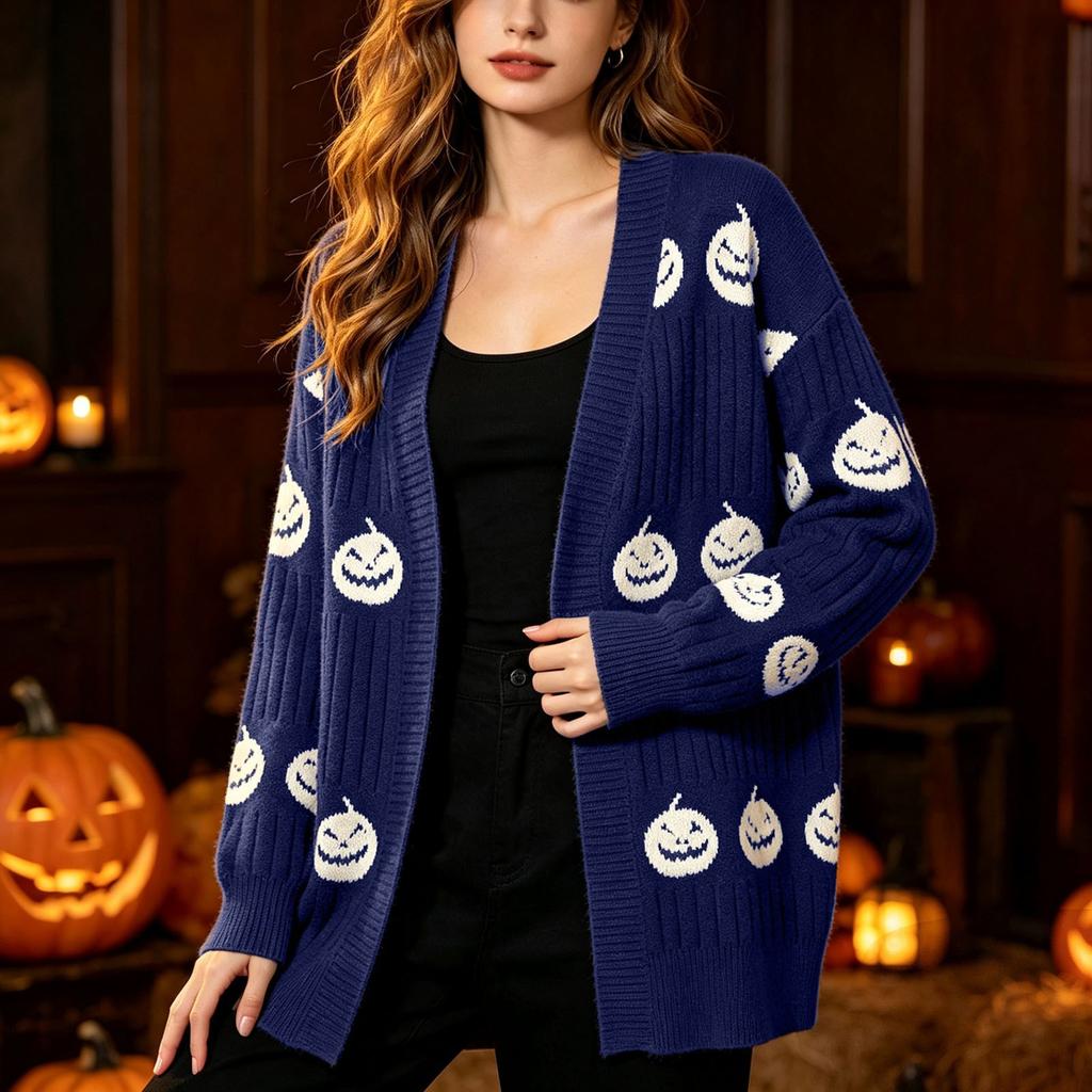 Damen Lässiger Lockersitz Halloween Kürbis V-Ausschnitt Strickjacke für Herbst und Winter