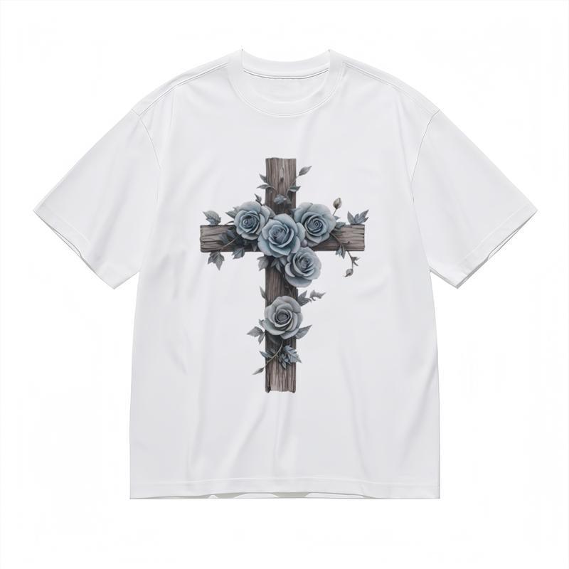 

Women s Comfy Classic T-Shirt Wooden Cross Design With Blue Gray Flowers Tee 4XL