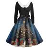 Women's Fashion Round Casual Slim Fit Christmas Print Large Swing Long Sleeve Dress