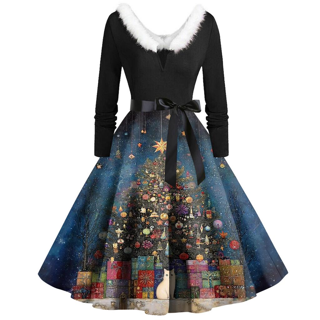 Women's Fashion Round Casual Slim Fit Christmas Print Large Swing Long Sleeve Dress