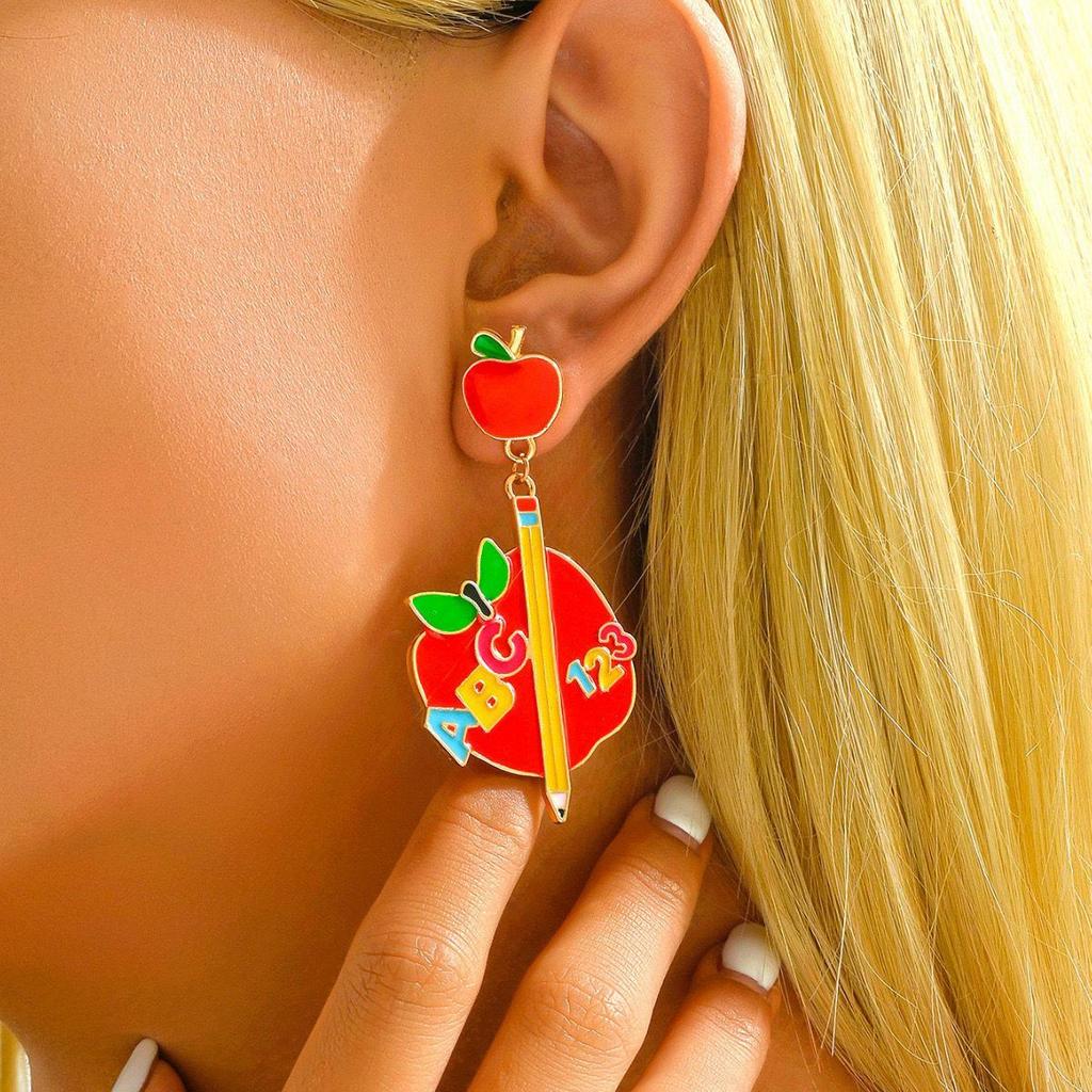 Metallic Apple Letter Pencil Earrings - Fashion Accessory for Back-to-School, Christmas & Halloween