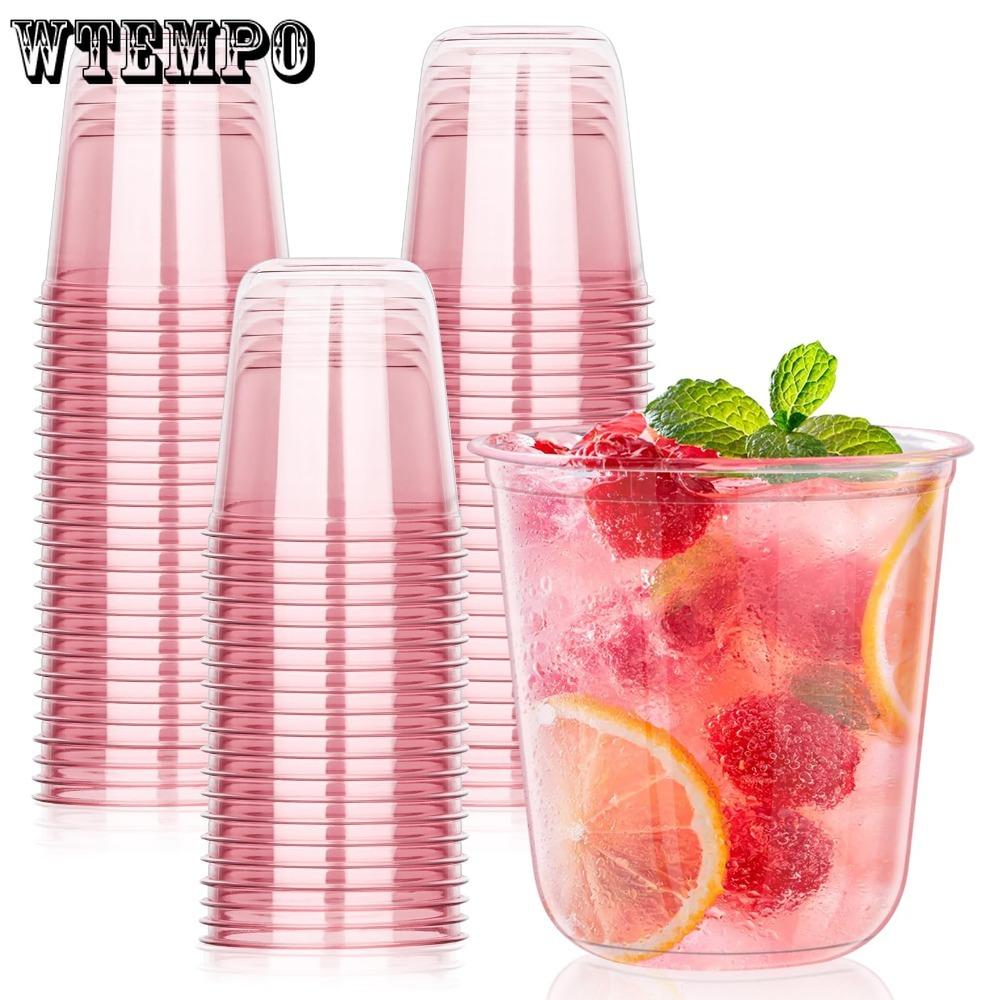 50pcs Pink Plastic Cups 12oz Disposable Stemless Wine Glasses for Cocktail Cute Clear Cocktail Wine Glasses Pink Party Cups