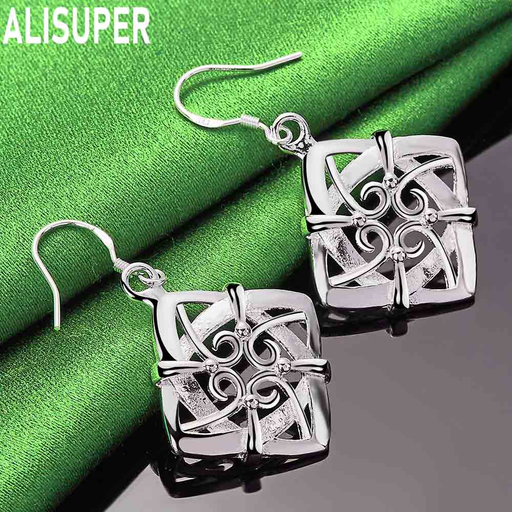 925 Sterling Silver Square Geometric Pendant Piercing Earrings Fashion Charm Wedding Jewelry
