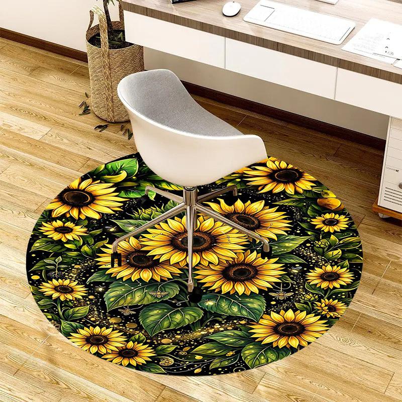 1PC Sunflowers Botanical Non-Slip Floor Round Carpet, Office, Family, Bedroom, Large Area Rug Indoor Rugs,  Durable Polyester-L0412