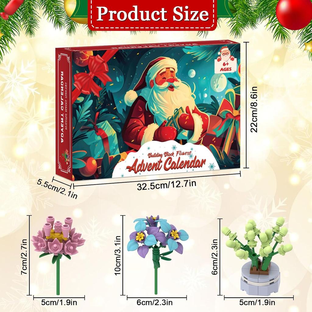 Advent Calendar 2025 24 Kinds of Building Block Flowers and Succulents for Kids, 24 Days of Christmas Countdown Building Blocks