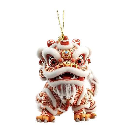 Car Pendant with Metal Chain Lion Dance Design Plush Fabric Car Charm Keychain Bag Accessory Good Fortune Decoration