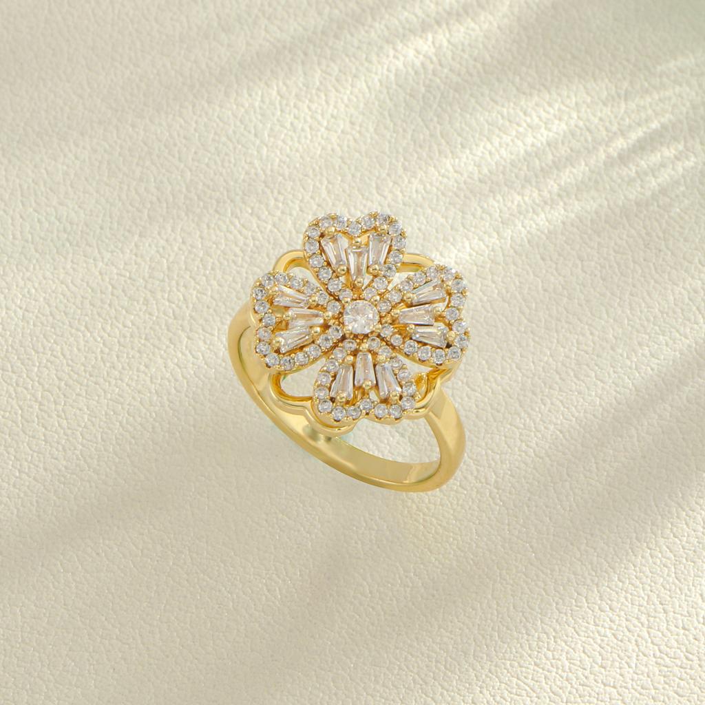Golden Plated Rotatable Flower Synthetic Cubic Zirconia Ring for Women Luxury Statement Jewelry Gift
