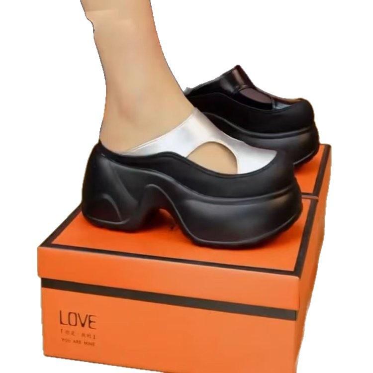 Soft bottom bag head hollow half drag summer new small height increase muffin without heel sandals