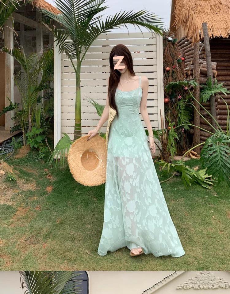 French Strappy Summer Dress – Women's Waist-Cinching, Sweet and Fresh Beach Vacation Wear