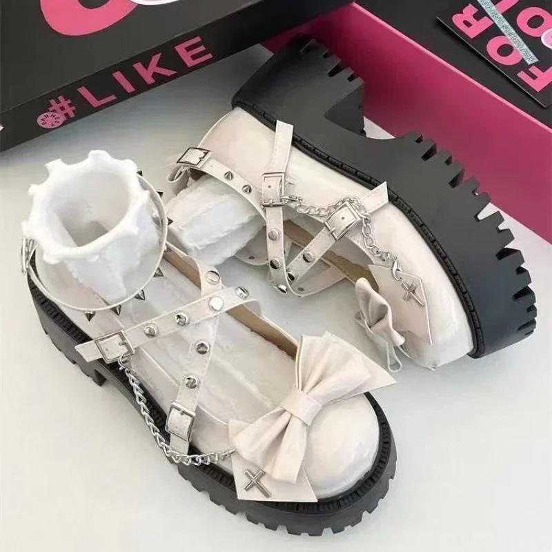 Fashion Women's Lolita Mary Janes Shoes 2025 Ankle-Wrap High Heels Platform Pumps Bow-Tie Rivet Chain Square Heel Buckle Strap Shoes