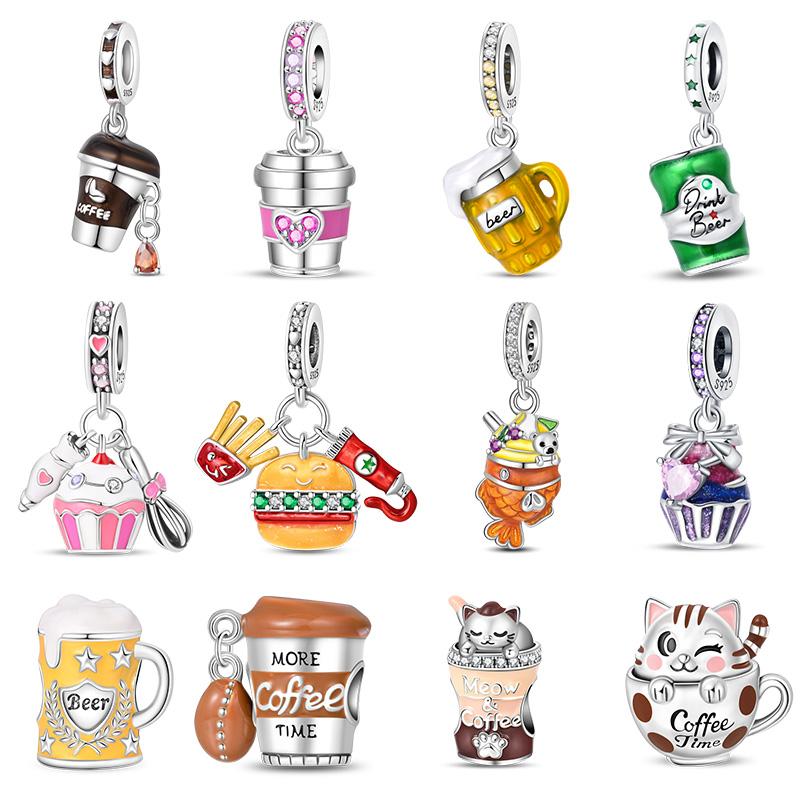 925 Silver Afternoon Tea Coffee Cup Cat Dessert Cake Charms Beads For Women Fit Bracelet DIY Jewelry Gifts