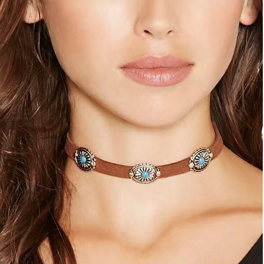 

1 шт. Европейское и американское ретро-ожерелье Металлическая цветочная пластина Бирюзовое ожерелье из корейского бархата Богемное ожерелье-воротник коричневый