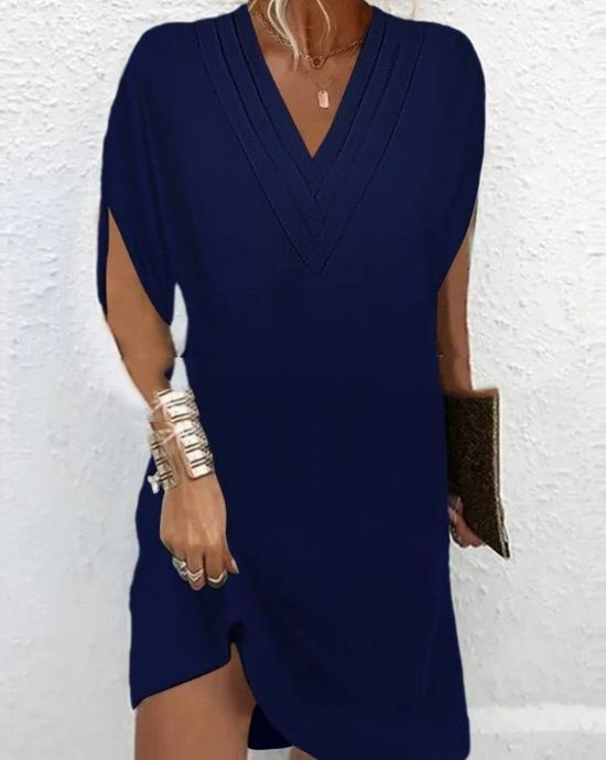 2024 V-Neck Pleated Bat Sleeve Dress for Women - Spring/Summer Collection