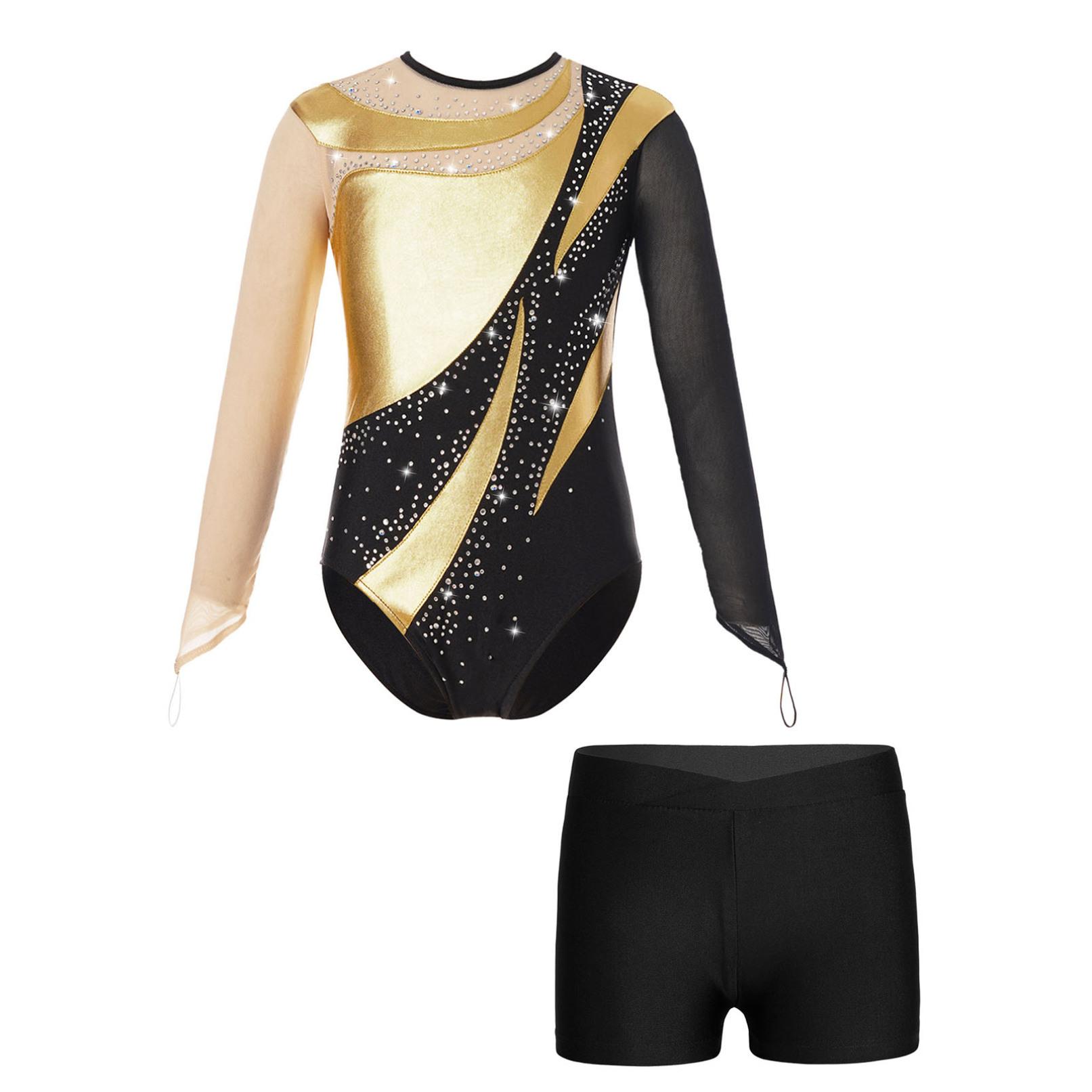 Ranrann Kindermeisjes Gymnastiekpakjes met lange mouwen en keyhole-rugbodysuit Balletdanskleding met shorts Competitie-outfits 11-12 Years zwart/goud
