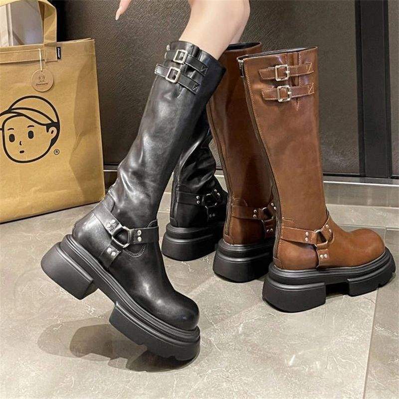 Dicker Absatz dicke Sohle Damenstiefel 2025 Herbst und Winter neue Modelle aber Knie zeigen Beine lang Ritterstiefel Internet-Berühmtheit tragen dünne Stiefel Tide