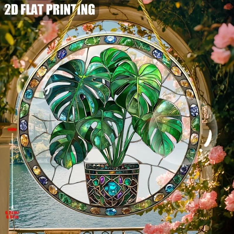 2D Flat Acrylic Colorful Monstera Leaf Acrylic Sun Catcher - Stained Glass Style Design with Green Leaves and Floral Accents, Home Decor