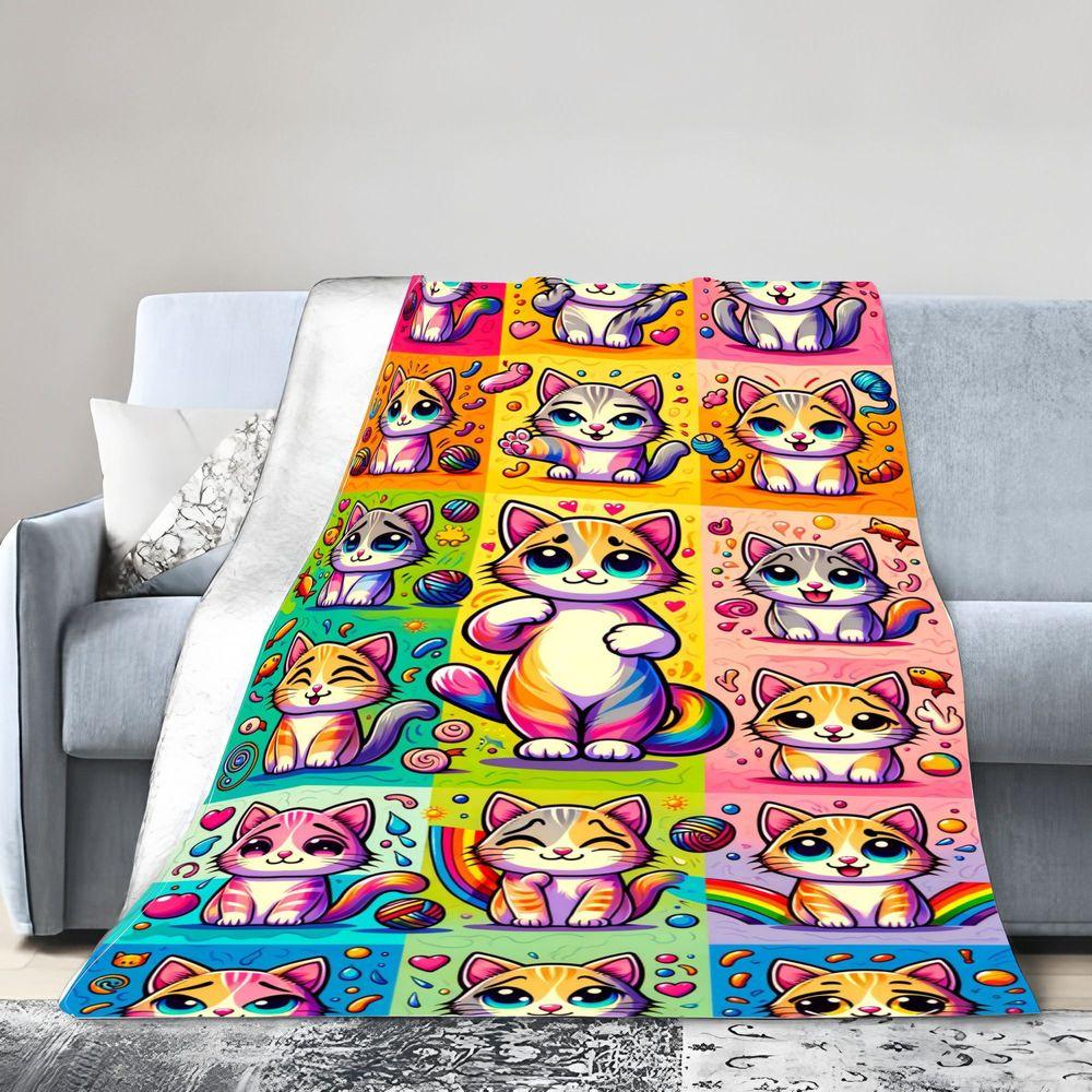 Vibrant Cartoon Cat Throw Blanket - Colorful 5x3 Grid of Cute Cat Designs with Expressive Faces, Whimsical Elements Like Hearts