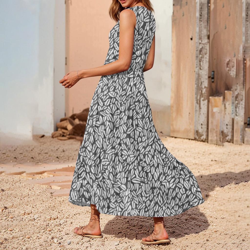 Women's Casual And Fashionable V-neck Sleeveless Printing Mid Length Dress