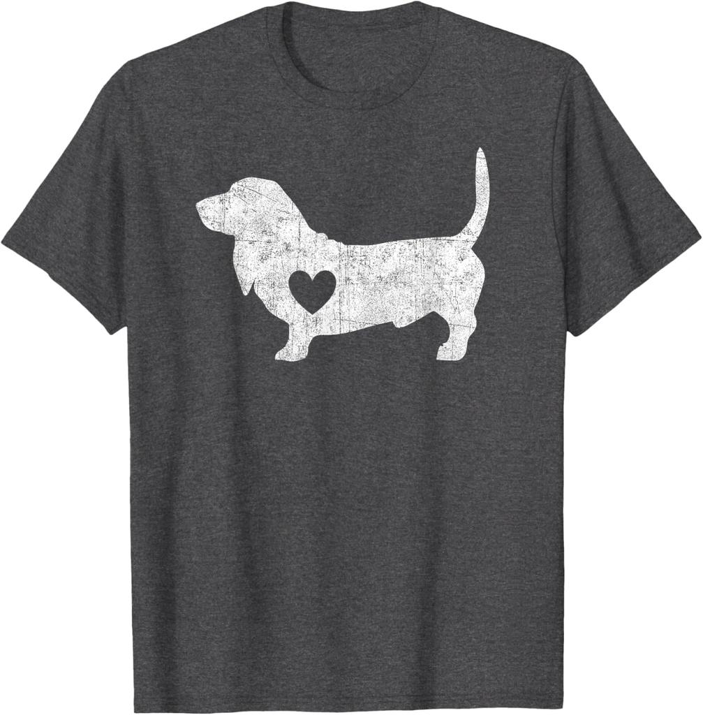 Basset Hound Heart Silhouette Distressed Graphic Tee Cotton Casual Short Sleeve T-Shirt for Men Women