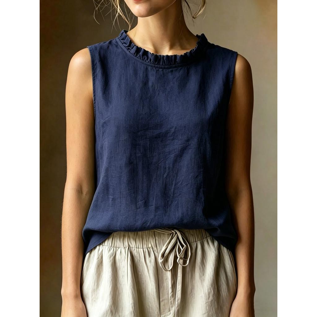 Women's Loose Slimming Round Neck Sleeveless Blouse Casual Solid Fashion Summer Top