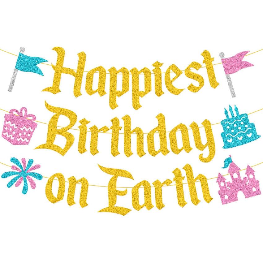 Happiest Birthday on Earth Banner Princess Bday Party Decorations Girls Kids Castle Birthday Baby Shower Party Supplies