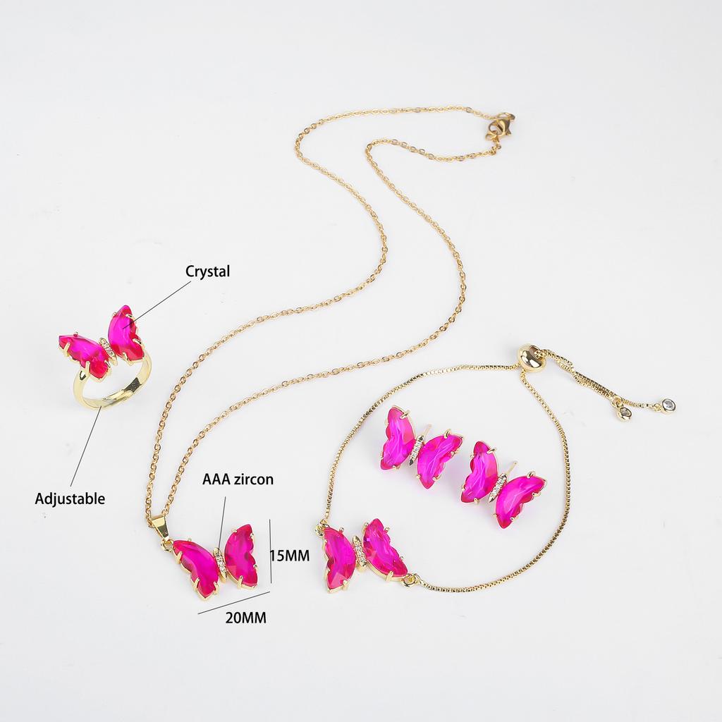 4pcs Creative 21 Colors Crystal Zirconia Butterfly Bracelet Necklace Earrings Ring Jewelry Set Luxury For Woman Party Jewelry