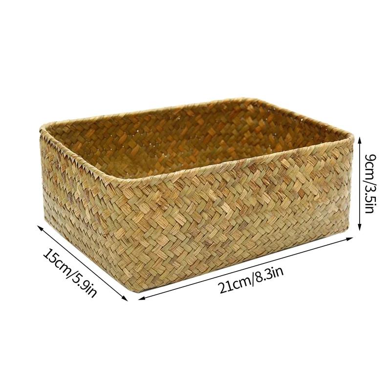 Handmade Woven Seagrass Storage Basket Desktop Straw Rattan Organzier Picnic Storage Box Desk Cosmetic Fruit Sundries Container