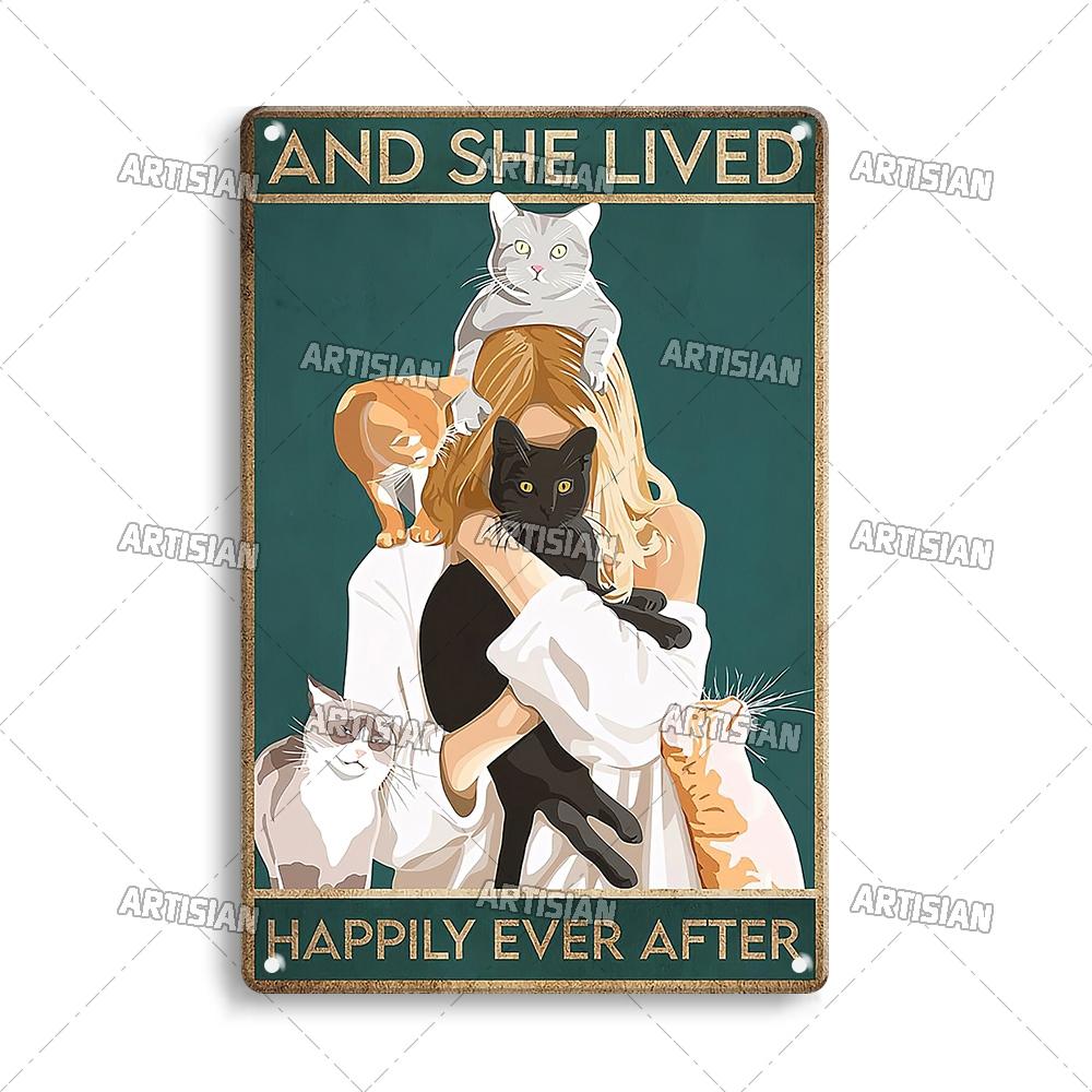Artisian Halloween Metal Plaque Girl And Cat Tin Sign Black Cat Decorative Plate Wall Decor Garage Bar Pub Club Hotel Kitchen