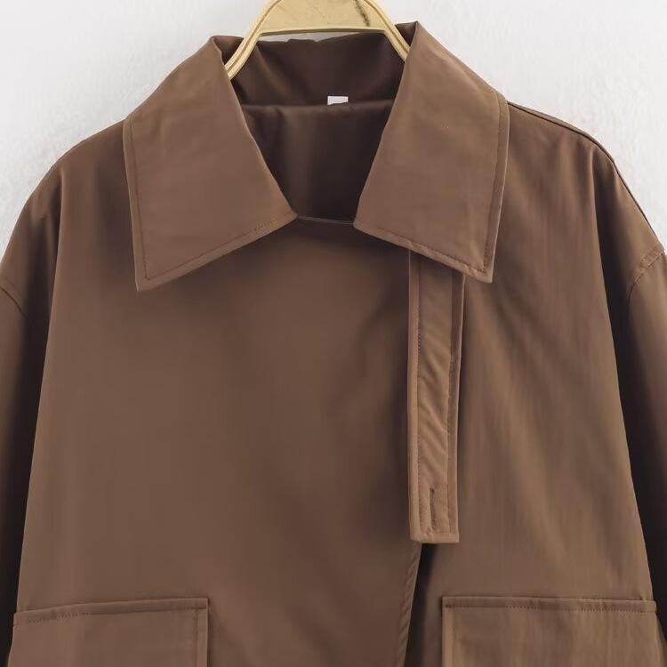 European and American style, new women's clothing, fashionable retro solid color lapel slanted placket short trench coat