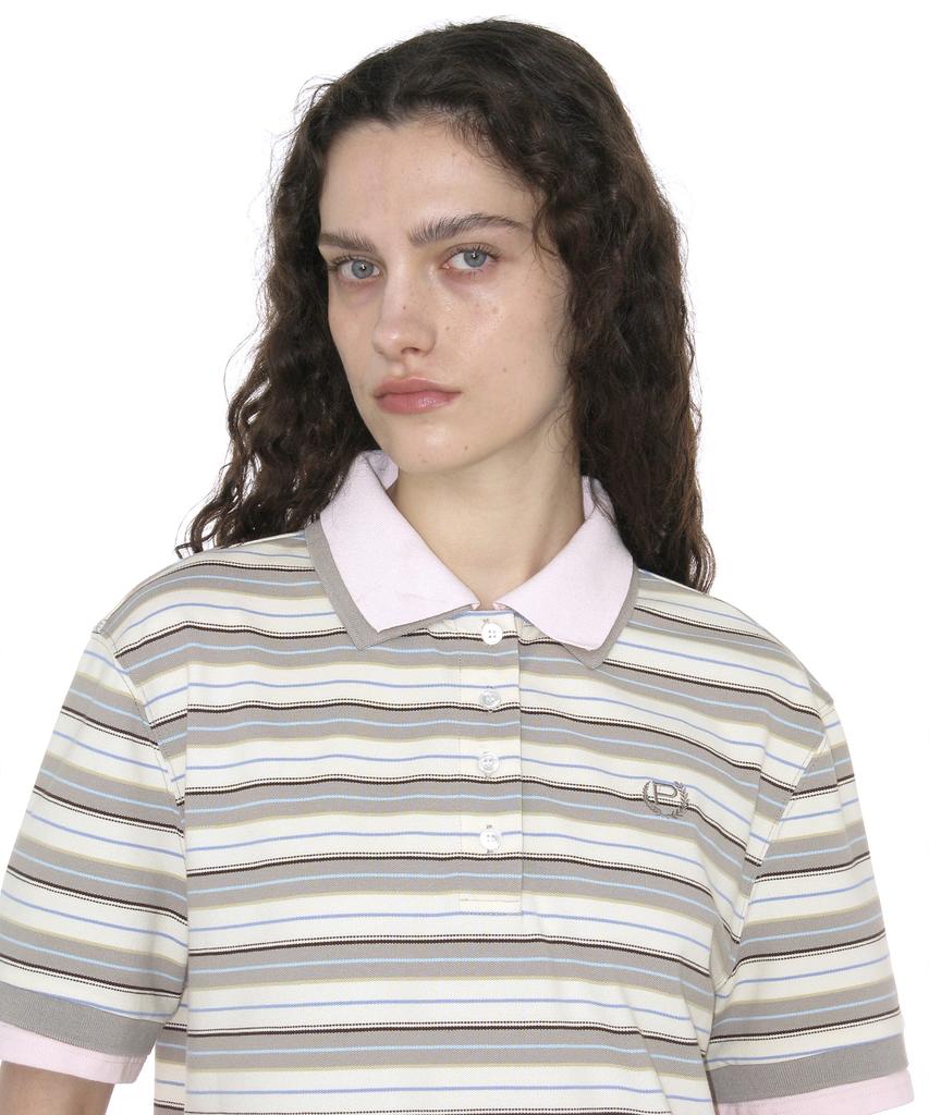 PARTIMENTO WOMEN Double Layered Stripe Polo Tee_Beige