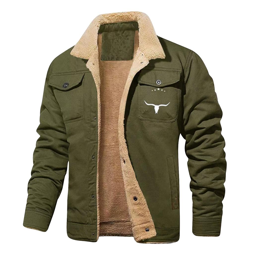 Men's Solid Color Button Pocket Work Jacket Men's Casual Plush Coat