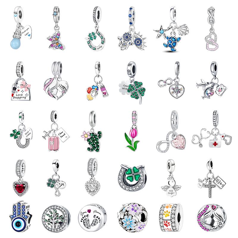 925 Sterling Silver Love Heart Flower Four Leaf Clover Turtle Charms Beads Fit for Bracelets DIY Fine Jewelry Gift