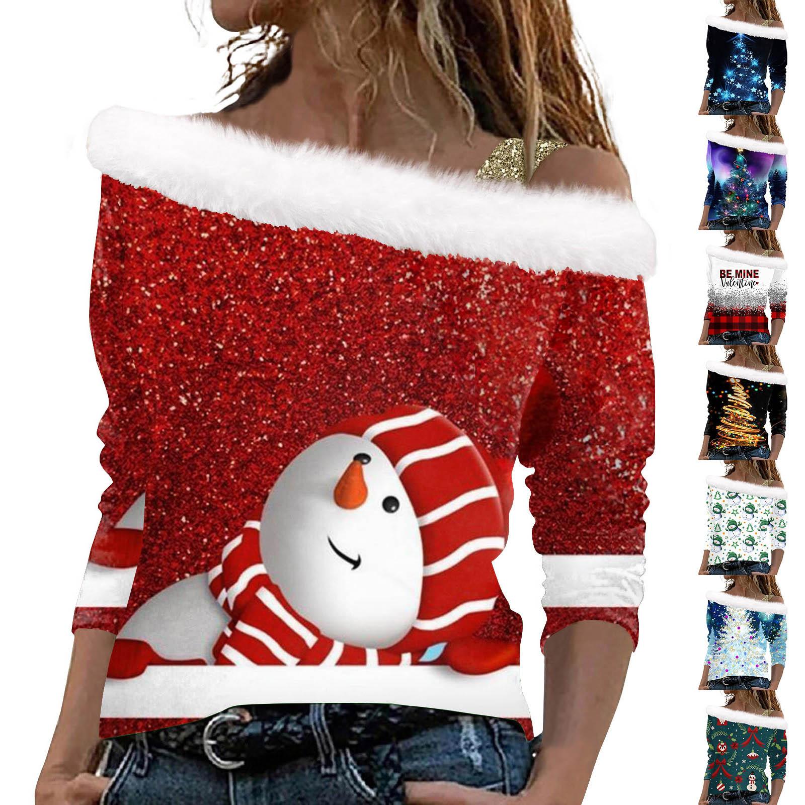 

Женские топы с длинным рукавом, свободные пуловеры с открытыми плечами и рождественским принтом